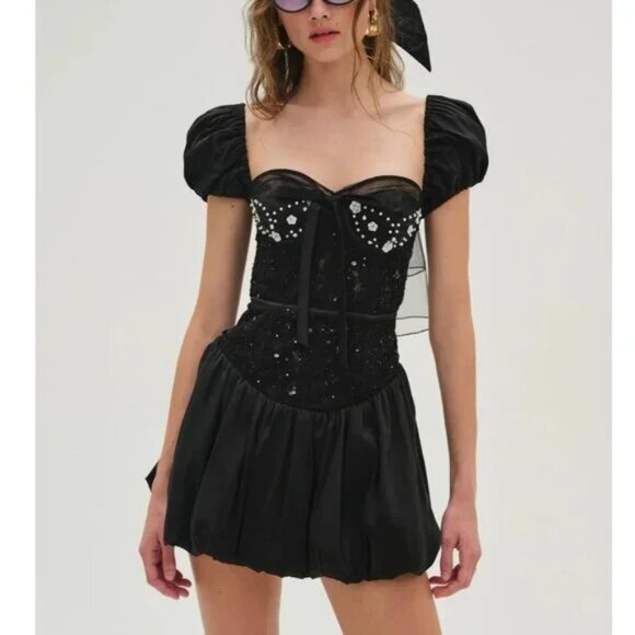 NWT FOR LOVE AND LEMONS MCKENNA EMBELLISHED BLACK BUBBLE HEM MINI DRESS SIZE S - Picture 1 of 11
